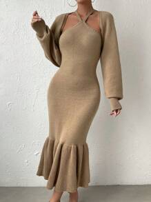 RosyDaze Ruffle Hem Sweater Dress & Lantern Sleeve Bolero Fall Winter Cloth For Women - Mocha Brown - View 5