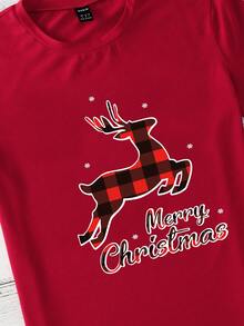 SHEIN LUNE Christmas Elk & Slogan Graphic Tee - Red - View 4