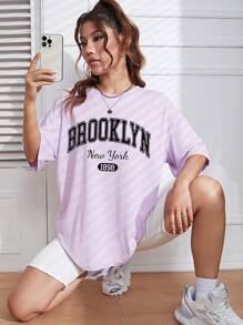 SHEIN EZwear 字母圖案落肩T恤 - 紫色 - 查看 5