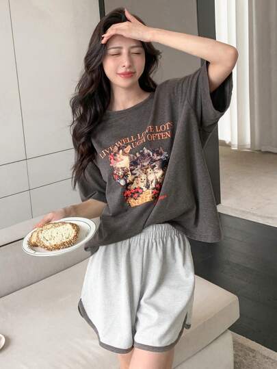 DAZY 字母图案落肩T恤和撞色绑带短裤睡衣