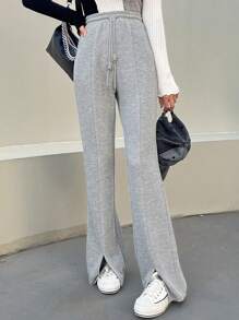 DAZY 纯色抽绳腰部开衩下摆女式慢跑运动裤 - 淺灰色 - 查看 6