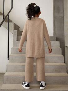 SHEIN Cô gái Tween Chất rắn Đồ đan Ribbed Áo len Duster & Knit ngọn & Quần dệt kim - Màu Khaki - Xem 2