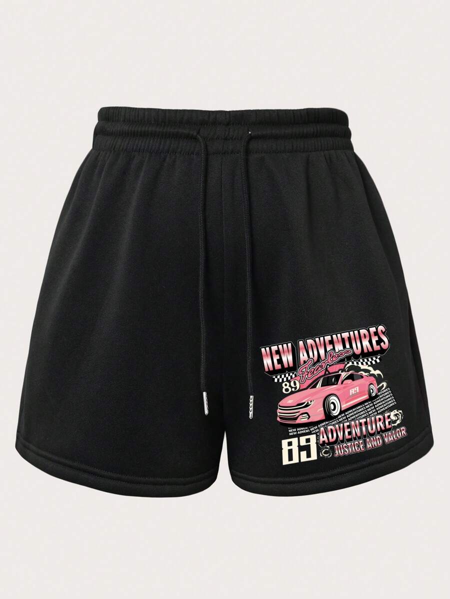 INAWLY Plus Car & Letter Graphic Drawstring Waist Shorts - Black - View 1