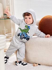 SHEIN 男嬰恐龍印花連帽衫和運動褲 - 灰色 - 查看 5