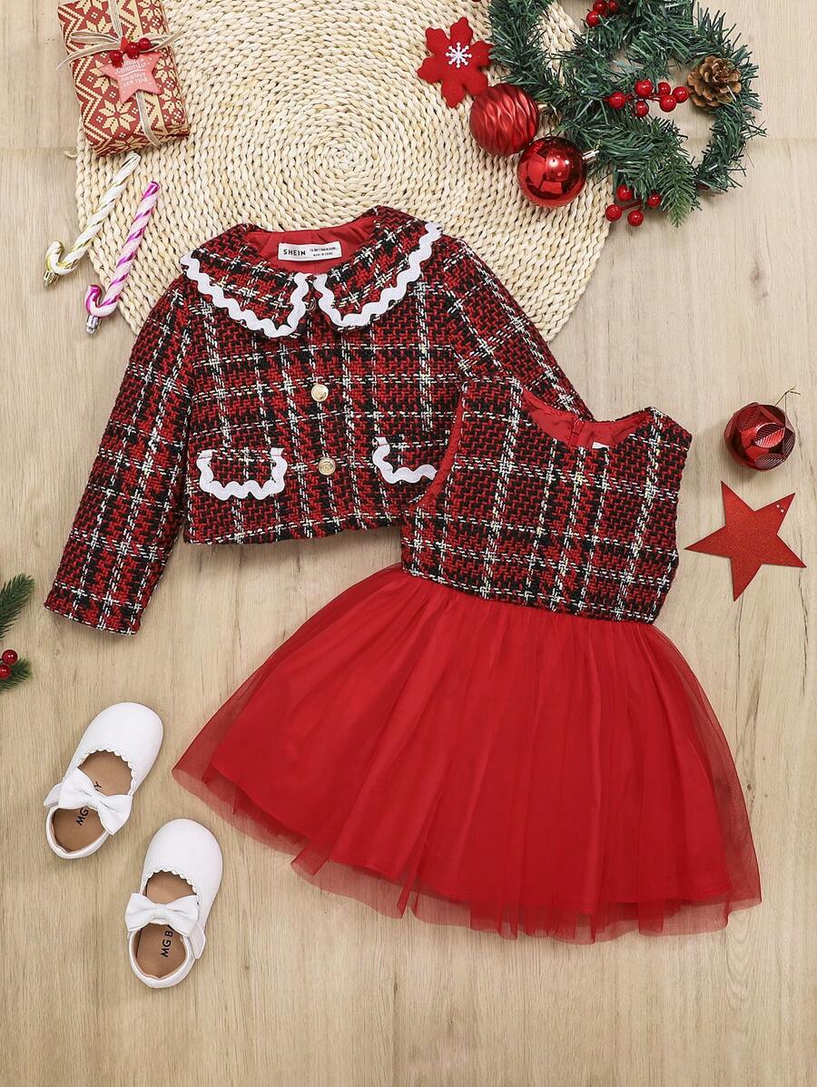 SHEIN Baby Girl Plaid Print Statement Collar Jacket & Mesh Overlay Dress