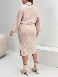 SHEIN Essnce Plus Turtleneck Drop Shoulder Top & Skirt - Apricot - View 2
