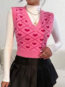 SHEIN Qutie 1 Miếng Hình trái tim Cổ v Áo len vest - Hồng - Xem 3