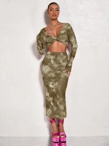 SHEIN BAE Nhuộm buộc Mặt trước xoắn Top Cây trồng & Váy bút chì - Nhiều màu - Xem 5