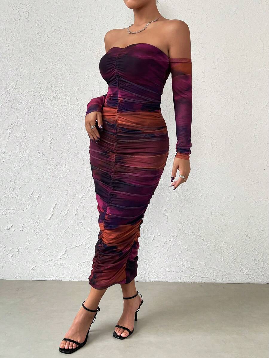 Zolique Off Shoulder Ruched Mesh Bodycon Dress - Multicolor - View 1
