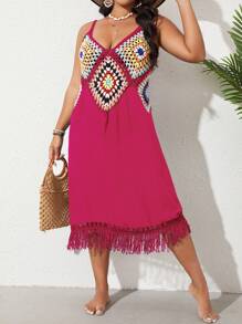 SHEIN VCAY Plus Geo Pattern Fringe Hem Cami Cover Up Dress - Hot Pink - View 1