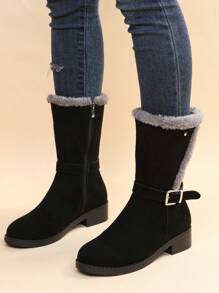 2025秋冬新款女士舒适搭扣厚底靴，时尚保暖毛绒黑色拉链靴，中筒中跟，搭配牛仔裤、毛绒靴、雪地靴都非常合适。 - 黑色 - 查看 3