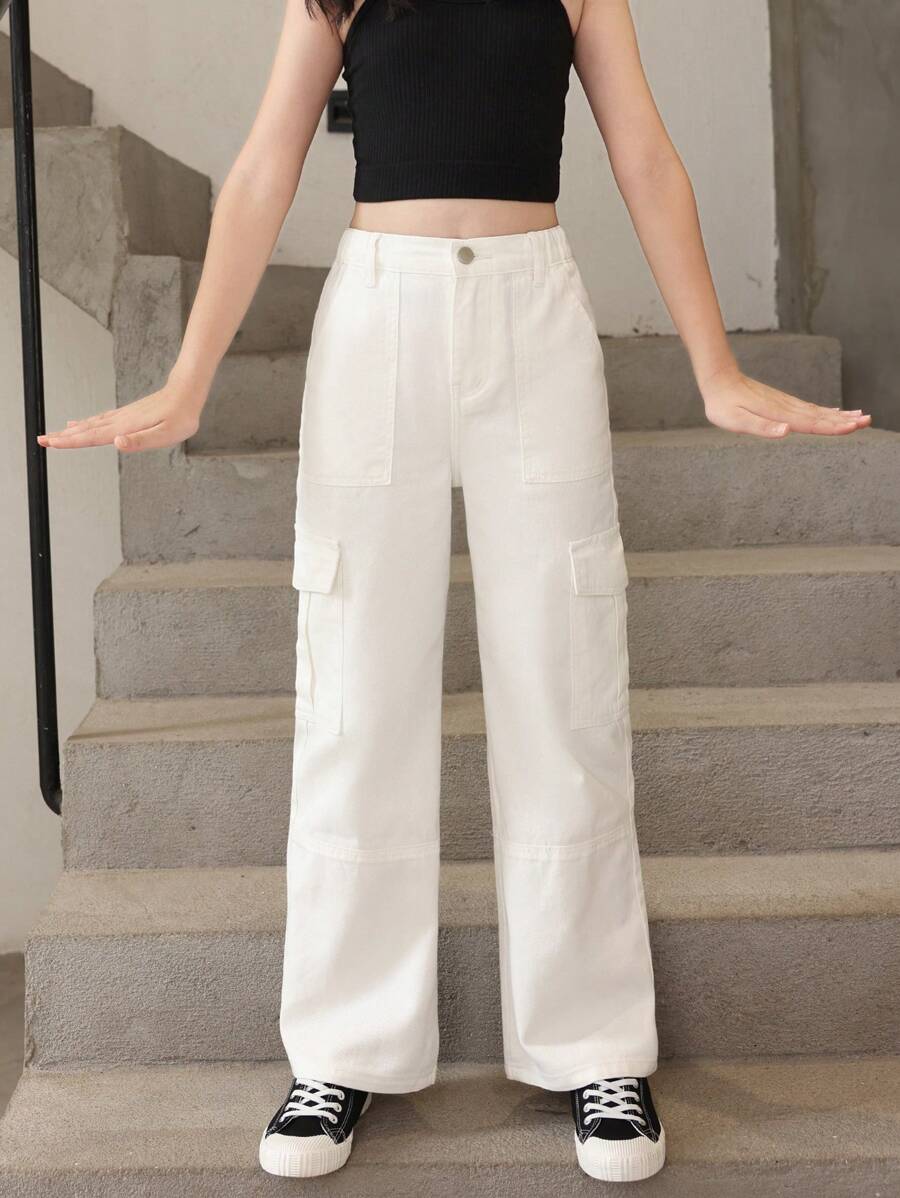 Tween Girl Flap Pocket Side Cargo Jeans - White - View 1