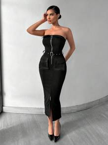 SHEIN SXY Vestido Tubular Con Cinturón Y Abertura Frontal Con Cremallera | Ropa De Fiesta | Ropa Sexy - Negro - Ver 1