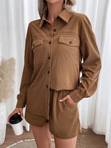 SHEIN Essnce 休閒口袋 前紐扣純色女士兩件套 - 駝色 - 查看 5