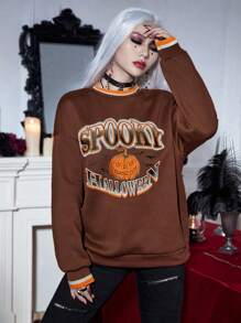 PUNK Áo nỉ tay trễ vai, họa tiết bí ngô và chữ cái chủ đề Halloween, viền sọc, thích hợp mặc mùa thu. - Cà phê nâu - Xem 3