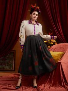 Frida Kahlo X SHEIN Hơn In hoa Chân Váy xếp ly - màu đen - Xem 2