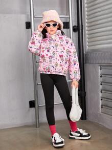 SHEIN Tween Girl 1pc Cartoon Print Zip Up Padded Coat - Pink - View 5