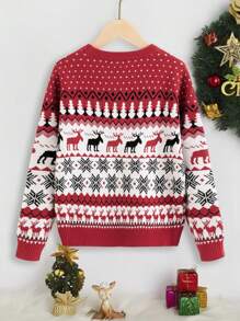 SHEIN Tween Boy Christmas Elk & Geo Pattern Sweater - Red - View 2