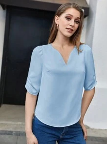 BizChic 女式秋季 V 领宽松衬衫，百搭基本款休闲优雅办公室装，适合通勤、商务、婚礼、音乐会 - 淺藍色 - 查看 3