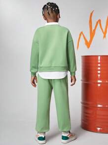 Tween Boys Casual College Style 3D English Text Embossed Patched Shirt Collar Faux Layers Sweatshirt With Knitted Pants Set, Thermal Lined, Thickened - Green - View 2