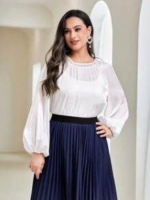 Modelyn Plus Solid Lantern Sleeve Satin Top