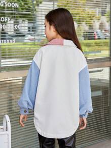 SHEIN Tween Girl Colorblock Flap Pocket Thermal Lined Corduroy Coat - Multicolor - View 7