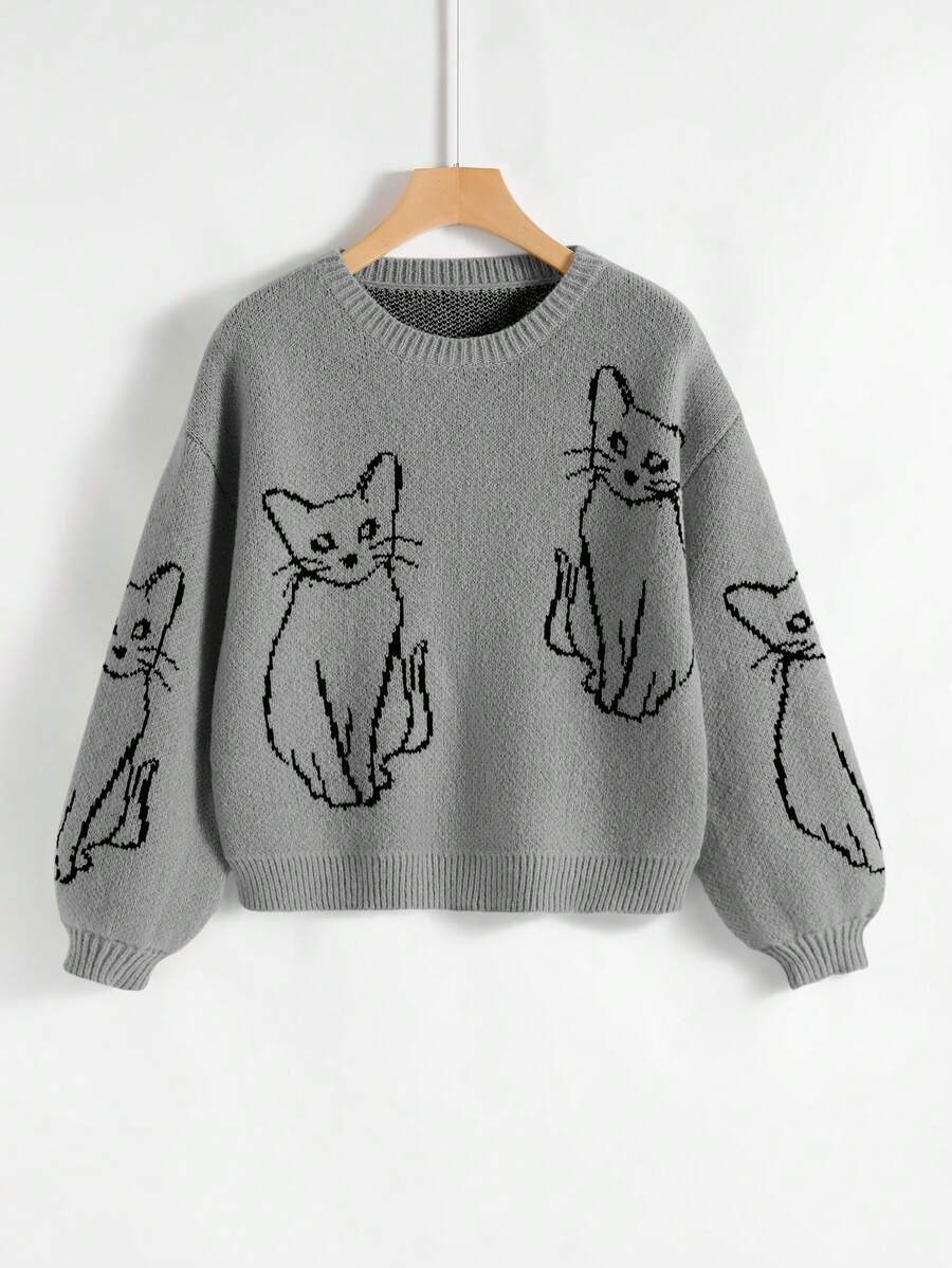 SHEIN Qutie Cat Pattern Drop Shoulder Sweater - Light Grey - View 1