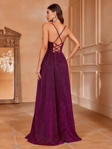 Faeriesty Solid Lace Up Back Cami Party Dress Elegant Formal Evening Prom Wedding Guest Gown, For Graduation, Dinner - 玫紅色 - 查看 2