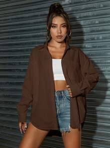 SHEIN Unity Solid Button Front Drop Shoulder Shirt,Long Sleeve Tops Fall Cloth For Women - Coffee Brown - View 5
