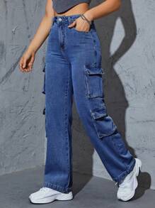 Flap Pocket Side Cargo Jeans - Medium Wash - View 3