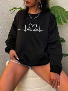 SHEIN EZwear Plus Heart Print Drop Shoulder Sweatshirt - Black - View 1