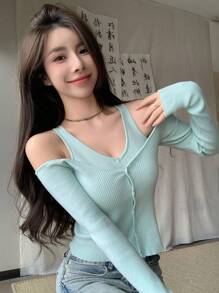 DAZY Cold Shoulder Ribbed Knit Sweater,Fall Clothes
