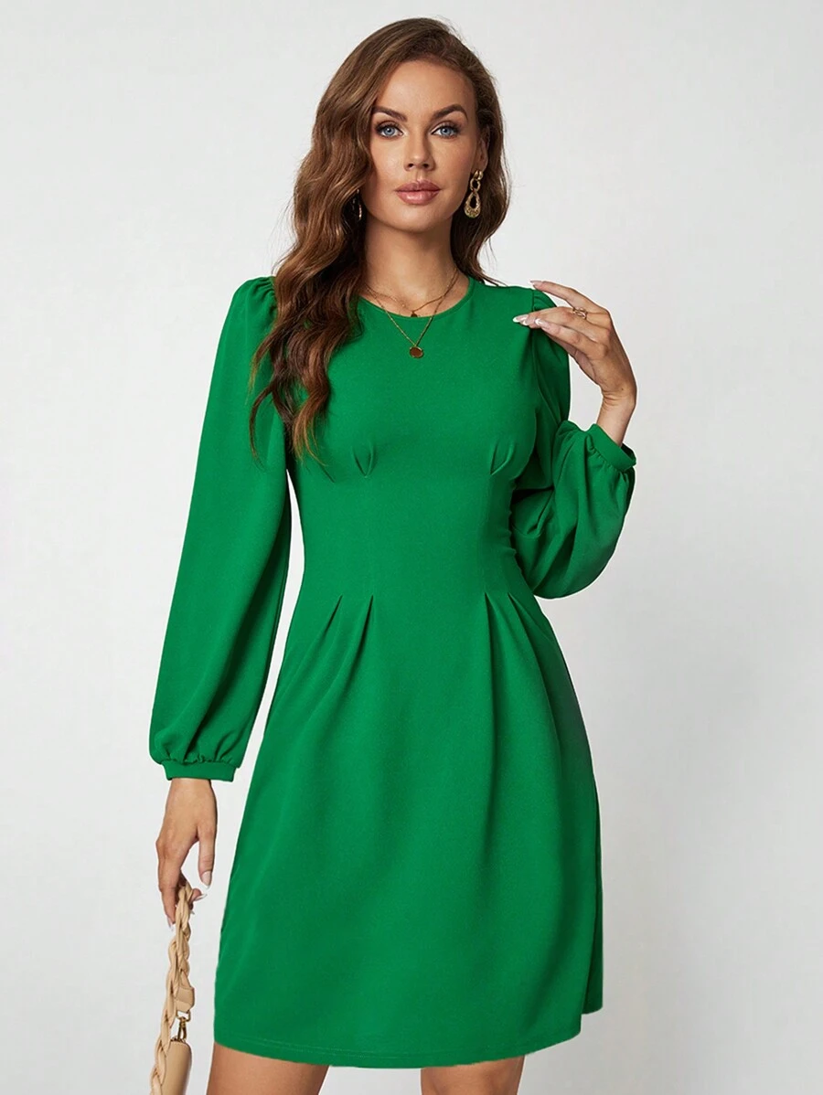 SHEIN Clasi Váy tay áo đèn lồng rắn - màu xanh lá - Xem 1