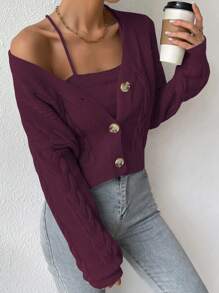 SHEIN Unity Cable Knit Drop Shoulder Cardigan & Cami Knit Top - Coffee Brown - View 4
