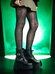 Beetlejuice | ROMWE 1pair Women Letter Skull Graphic Mesh Tights - Black - View 3