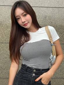 DAZY 條紋印花T恤 - 黑與白 - 查看 3