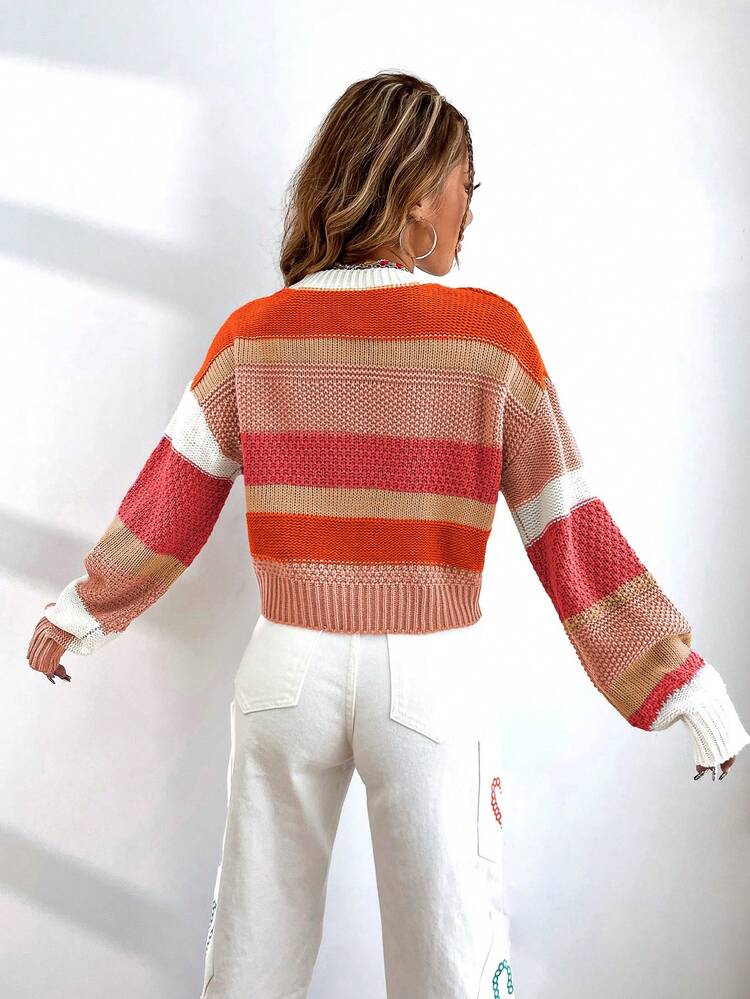 Color Block Drop Shoulder Knit Pullover Fall Winter Sweater