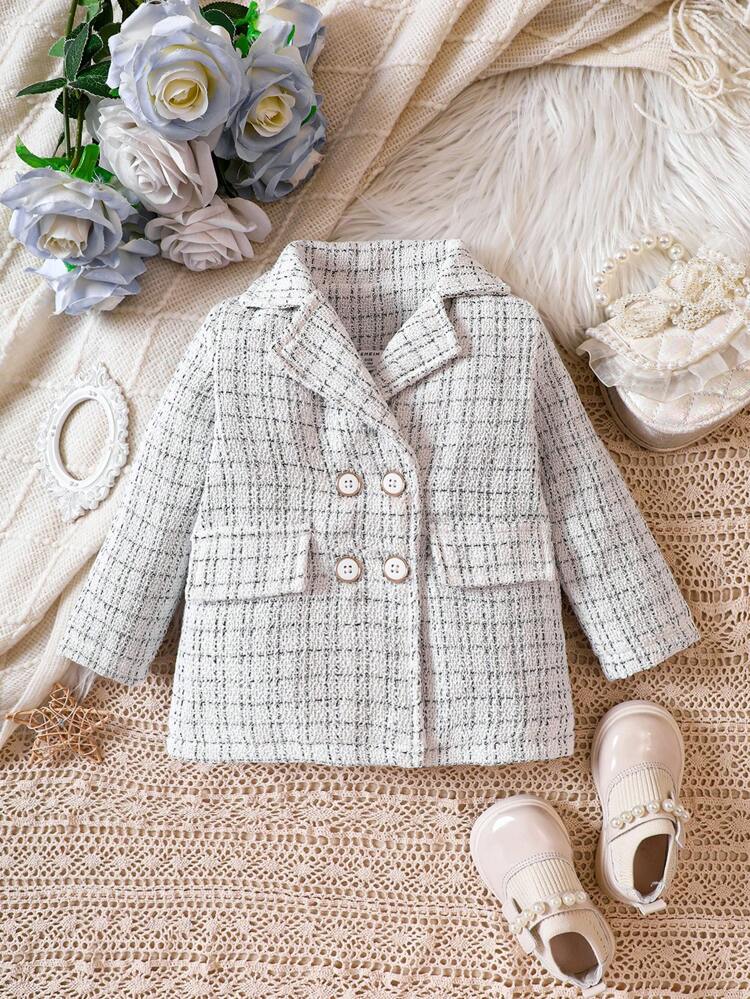 Baby Girl Plaid Double Breasted Flap Detail Double Breasted Overcoat