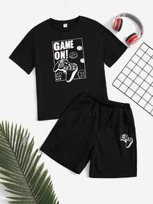 SHEIN 男大童遊戲手柄&字母圖案T恤和短褲 - 黑色 - 查看 3