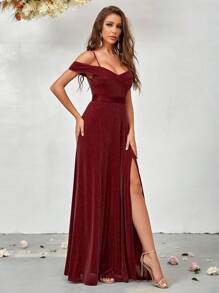 SHEIN Belle Váy cô dâu xẻ đùi lạnh vai - Cà phê nâu - Xem 4