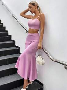 Zolique 素色吊帶上衣&魚尾短裙 - 藕粉色 - 查看 5