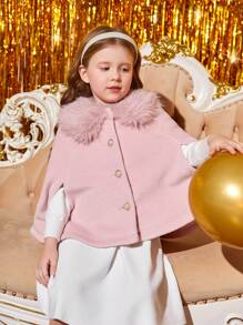 SHEIN Young Girl Fuzzy Collar Cloak Sleeve Overcoat - Pink - View 6