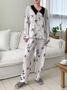 DAZY Women Pajama Sets Kontras Kerah Tombol Depan Plants - Hitam - View 4