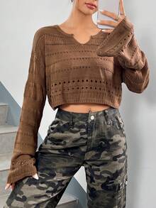 SHEIN EZwear Áo len nữ Bị tách màu trơn Giải trí - màu nâu - Xem 6