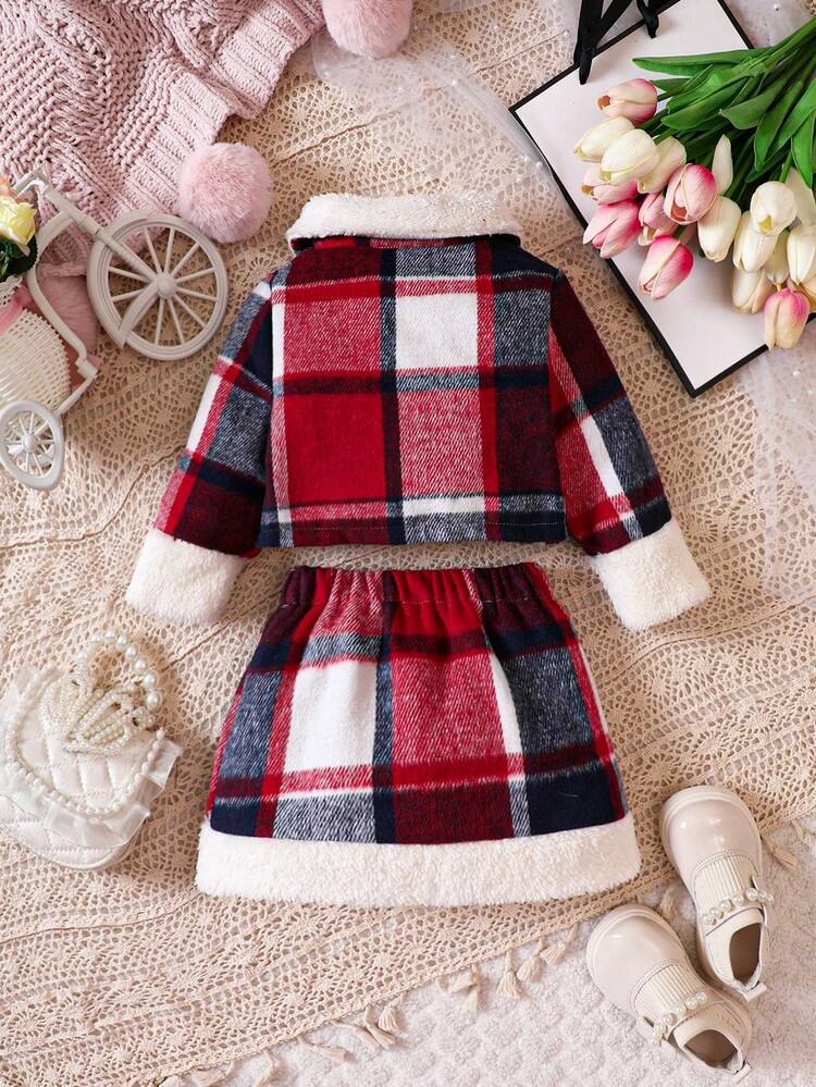 Baby Girl Plaid Print Borg Collar Jacket & Skirt