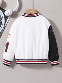Young Boy Letter Graphic Striped Trim Varsity Jacket Without Tee - Red - View 2