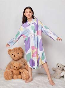 SHEIN Tween Girl Graphic Print Button Front Shirt Dress - Multicolor - View 3