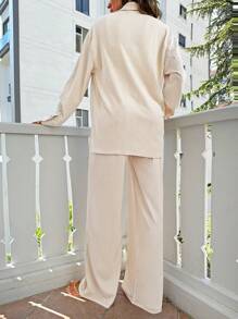 EURMUSE Solid Button Front Shirt & Wide Leg Pants - Apricot - View 3