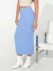 SHEIN BASICS 素色高腰鉛筆裙 - 淺藍色 - 查看 4