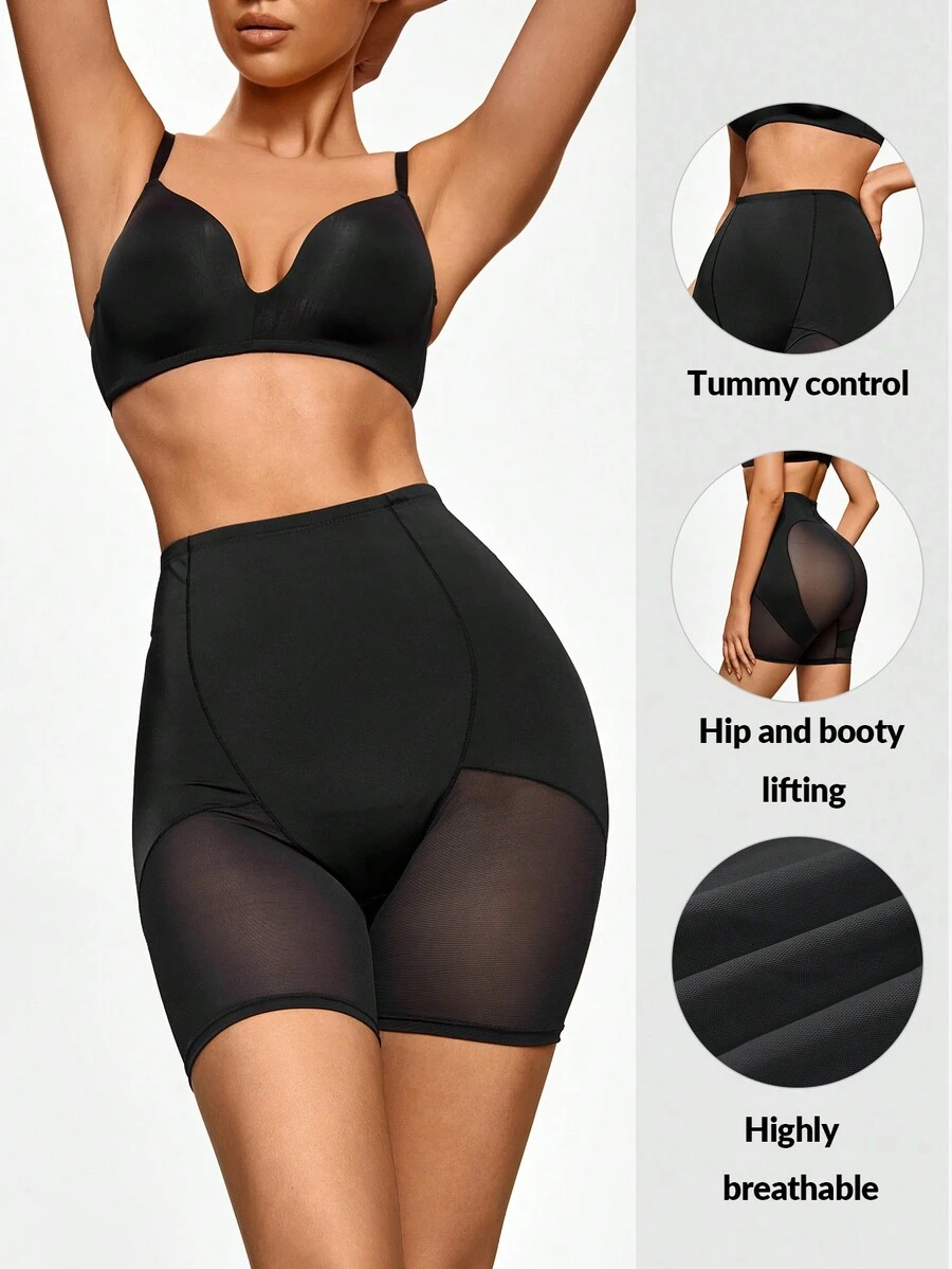 SHAPORA Shorts de fajas de talle alto de malla en contraste - Negro - Ver 1